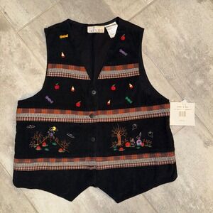 NWT Vintage Casey & Max Halloween Vest Black Embroidered Pumpkin Candy Apples  L